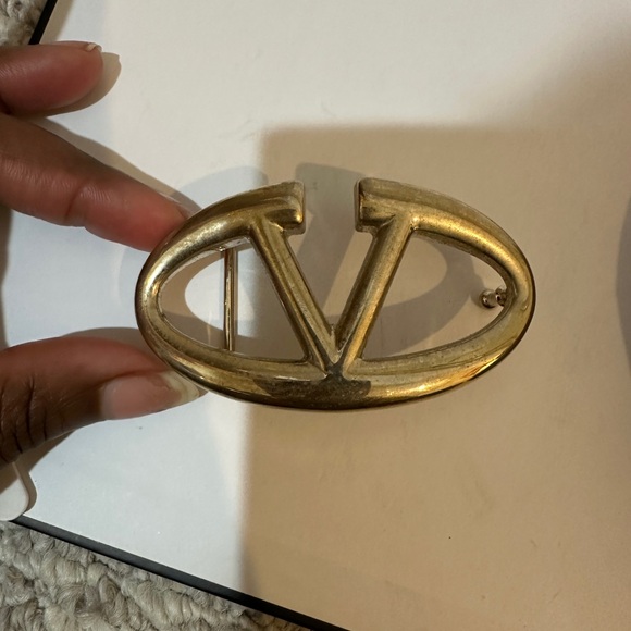 Valentino Tan/Light Pink Logo Leather Belt with Gold V Buckle Sz 85